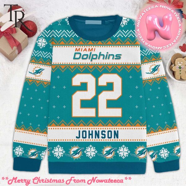 Blue Miami Dolphins Christmas Gift Custom Number And Name Ugly Sweater Gift For Men And Women