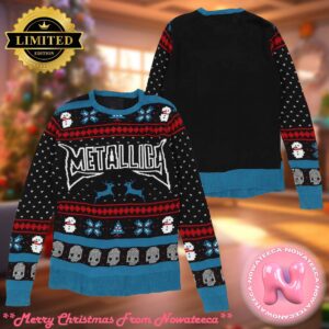 Metallica Christmas Holiday Style Snowflakes Reindeer Pattern Black And Blue 2024 Ugly Christmas Ugly Christmas Sweater Gift For Holiday