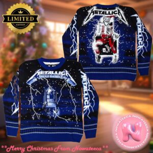 Metallica Ride The Lightning Skeleton Santa On The Electric Chair Iconic Ugly Ugly Christmas Sweater Gift For Holiday