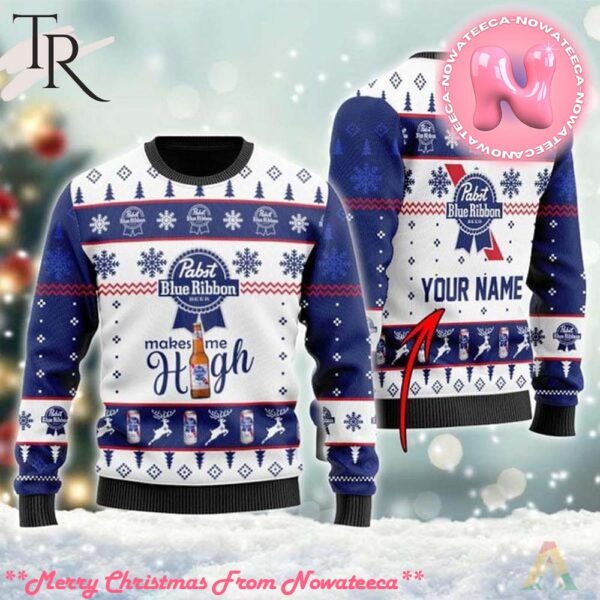 Personalized Pabst Blue Ribbon Makes Me High Christmas Ugly Sweater Gift For Men And Women