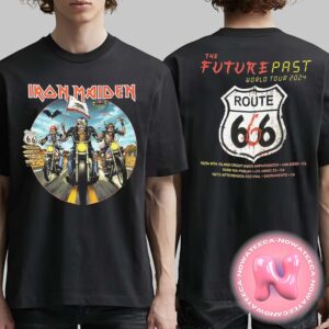 Iron Maiden The Future Past World Tour 2024 For Califonia Event Tee Iron Maidens Iconic Imagery With Route 66 Two Sides Unisex T-Shirt