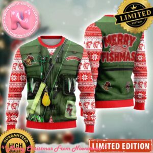 Merry Fishmas Fishing Costume Funny Xmas 2024 Gift Ugly Christmas Sweater