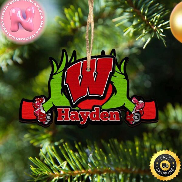 NCAA Wisconsin Badgers Grinch Christmas Ornament Personalized Your Name