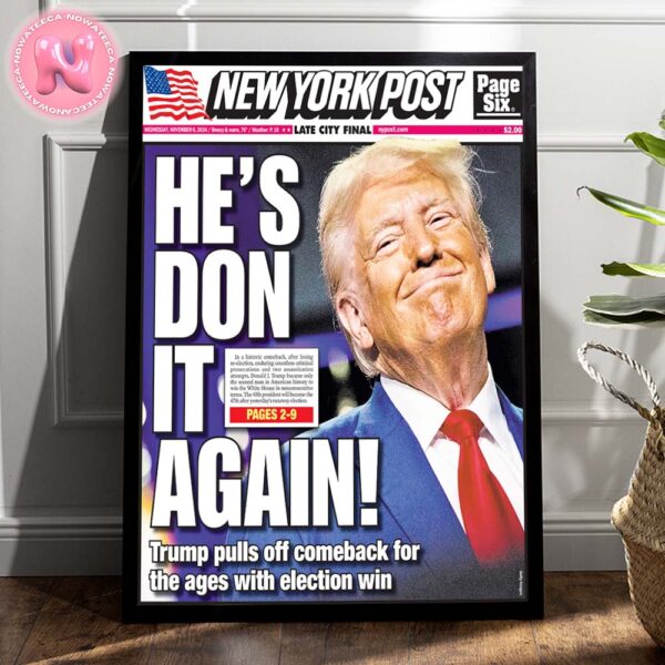 Donald Trump Wins 2024 Presidential Election New York Post Cover He Is Don It Again Home Decor Poster Canvas