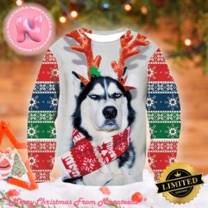 Husky Dog Print Ugly Christmas Sweater Gift For Holiday