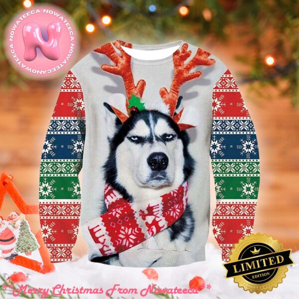 Husky Dog Print Ugly Christmas Sweater Gift For Holiday