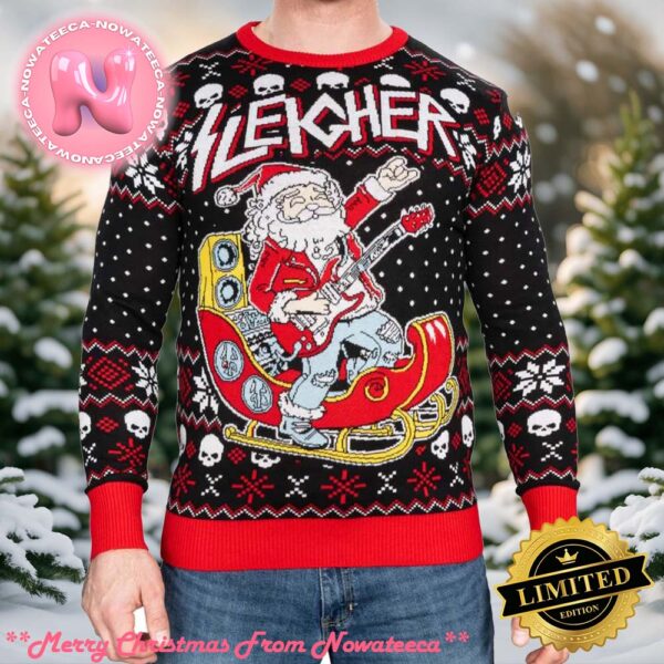 Rock and Roll Santa Claus Guitar Sleigher Knitted Ugly Christmas Sweater Gift For Holiday