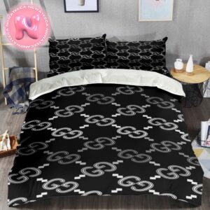 Gucci Luxury Brand Monogram Pattern Black Logo Stripe Duvet Cover Bedding Set