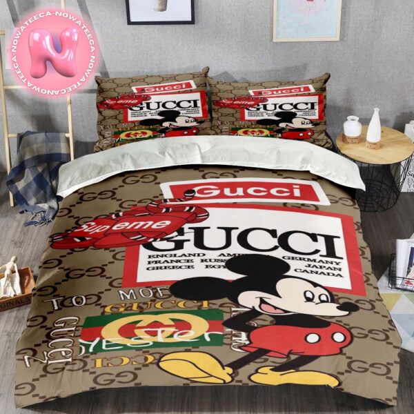 Gucci Luxury Brand Monogram Pattern Collab Logo Stripe Duvet Cover Bedding Set