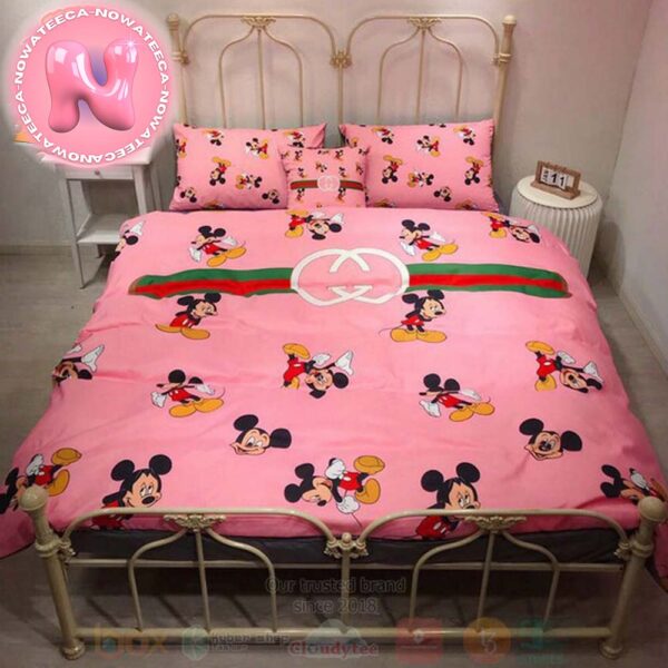 Gucci Mickey Mouse Pink Monogram Pattern Logo Inspired Bedding Set