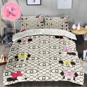 Gucci With Minne Mouse Logo Vintage Monogram Background Bedding Set