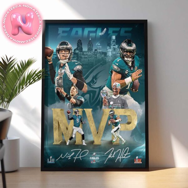 Jalen Hurts And Nick Foles Philadelphia Eagles Super Bowl LIX MVPs Photograph 2024-2025 NFL Season Home Decor Poster Canvas