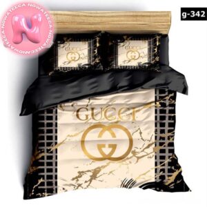 Luxury Gucci Big Logo Black And Gold With Vintage Monogram Background Bedding Set