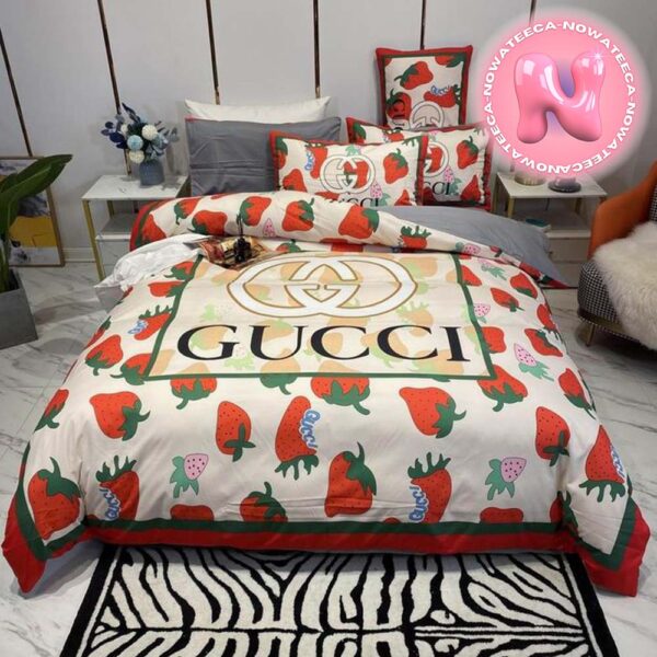 Luxury Gucci Big Logo With Strawberry Cute Monogram Background Bedding Set