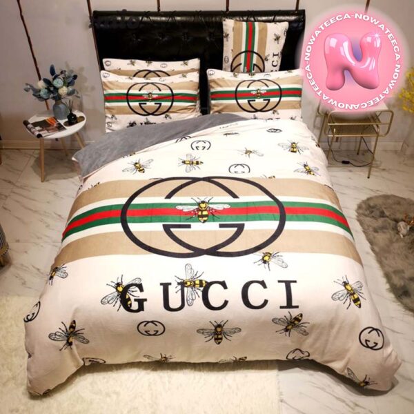 Luxury Gucci Big Logo With Vintage Bee Monogram Background Bedding Set