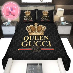 Queen Gucci Luxury Big Logo With Vintage Monogram Background Bedding Set